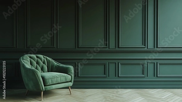Fototapeta  Chair in green empty room with classic wall panels frames. Studio mockup with dark modern luxury design. 