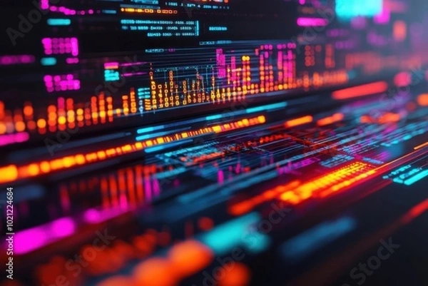 Fototapeta AI-powered fintech startup lab, real-time financial data analysis, dynamic workspace, Techno-futuristic, 3D render, Cool tones, High Detail