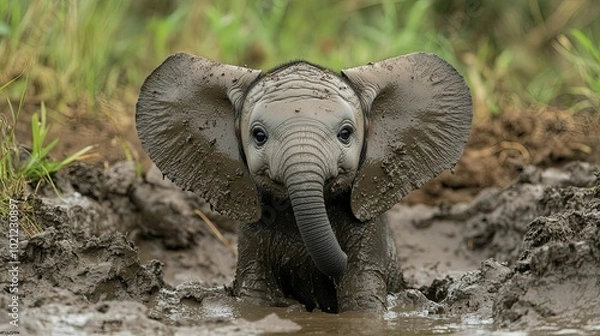 Fototapeta A Mud-Covered Baby Elephant Emerges from a Puddle