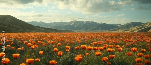 Obraz Vibrant orange poppy field stretching toward distant mountains under a partly cloudy sky.