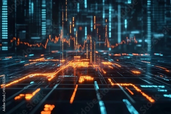 Fototapeta Price drop, holographic stock market crash, futuristic business decline, digital financial crisis