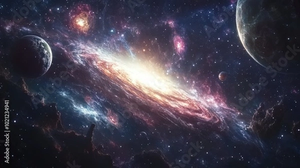 Fototapeta A breathtaking spiral galaxy glowing with brilliant colors in the vast cosmos, surrounded by stars and planets.