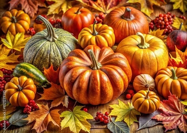 Fototapeta Autumn Coloring Page with Leaves, Pumpkins, and Seasonal Elements for Creative Relaxation Activities