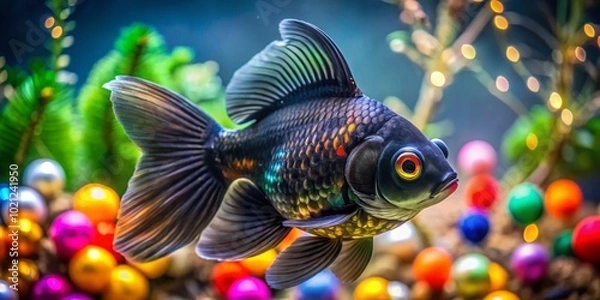 Fototapeta Beautiful Black Oranda Goldfish Swimming Gracefully in a Clear Aquarium with Colorful Decorations