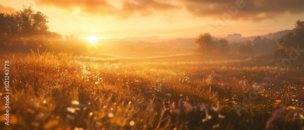 Obraz Serene golden sunrise over a tranquil meadow filled with wildflowers and lush greenery.