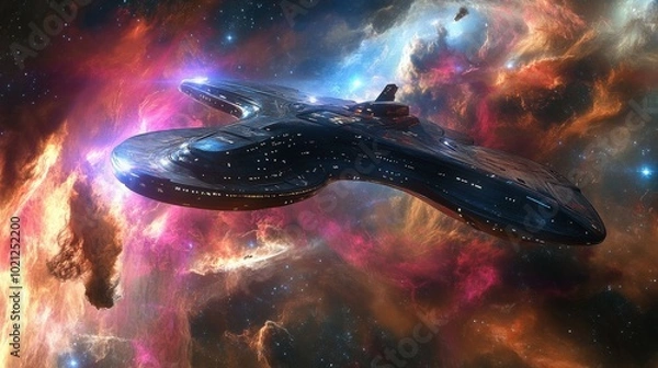 Obraz Futuristic spaceship navigating through a vibrant, colorful nebula in deep space.