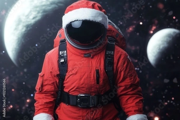 Fototapeta A whimsical depiction of an astronaut in a Santa suit against a cosmic backdrop, blending holiday cheer with space exploration.