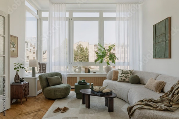 Fototapeta A bright living room with large windows, flooded with daylight. Natural materials and green accents create a relaxing space.