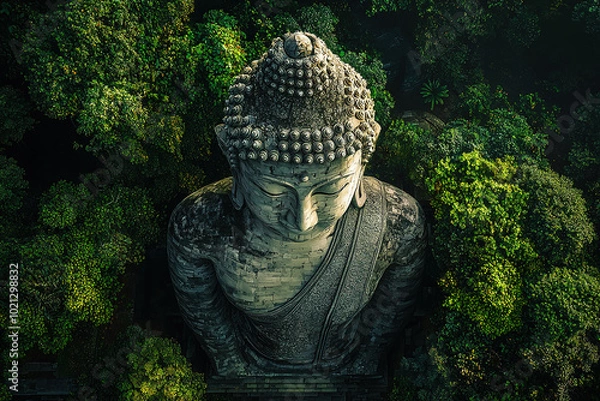 Fototapeta In the green forest there is an ancient giant Buddha statue