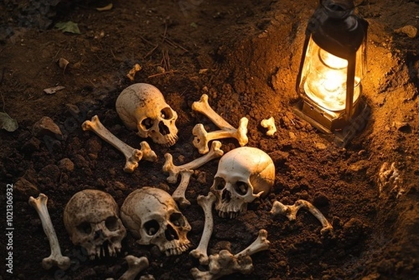 Obraz Illuminated lantern near human skulls and bones at night
