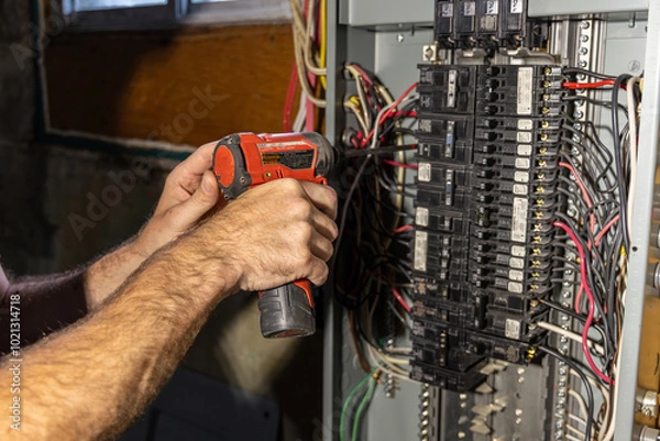Fototapeta Electrician working on a circuit breaker panel is installing a ground wire using a power drill. Selective focus
