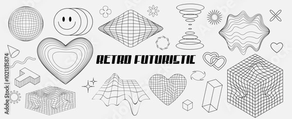 Fototapeta Vector graphic assets set in acid style, retro futuristic background with wireframe elements of different forms.  Retro-futuristic style. Set of rave trip elements