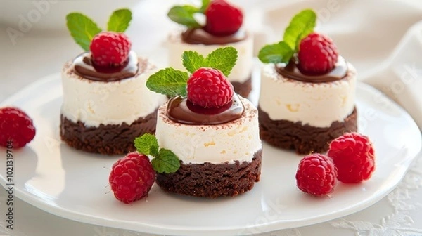 Fototapeta Chocolate cheesecake bites with raspberry sauce