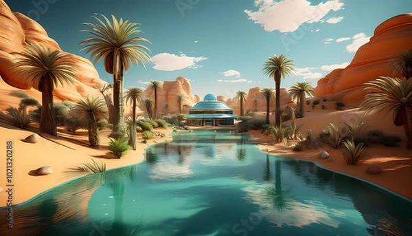 Fototapeta 游泳池旁的椰树和满池的池水