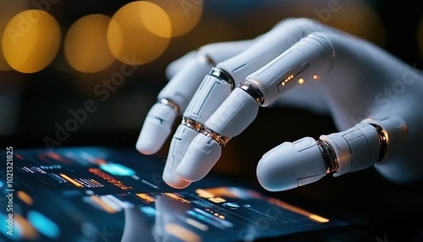 Fototapeta A robotic hand interacting with a digital screen, showcasing advanced technology and innovation.