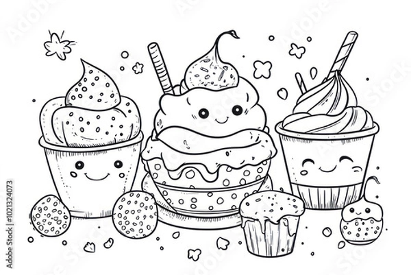 Fototapeta Dessert, coloring page for kids, line art, black and white.
