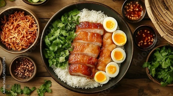 Fototapeta A beautifully arranged top-down view of a Thit Kho set meal, with separate bowls of caramelized pork belly, soft-boiled eggs, and steamed white rice, garnished with fresh herbs and chili slices.