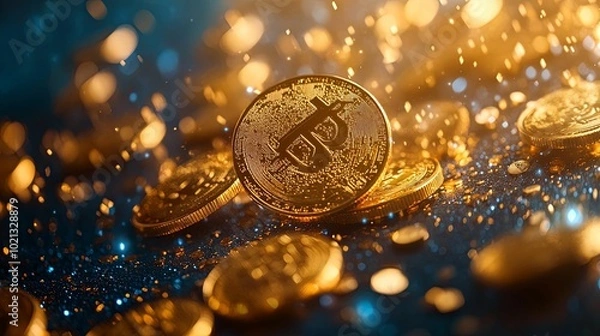Fototapeta Gold Bitcoin Cryptocurrency Coins with Festive Glitter