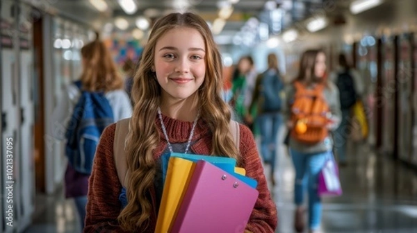 Fototapeta Cheerful student in school hallway with colorful folders and friends. Smiling girl in a busy environment full of learning and fun.