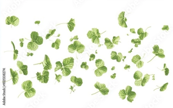 Fototapeta Catnip herbs floating on a white background with vibrant green leaves in mid-air perfect for pet product designs or natural health visuals. Capturing fresh catnip in motion.. Generative AI