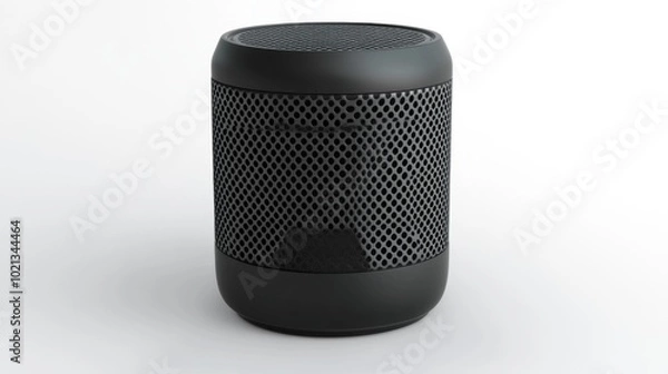 Fototapeta Black portable speaker with perforated mesh design on a white background. Generative AI