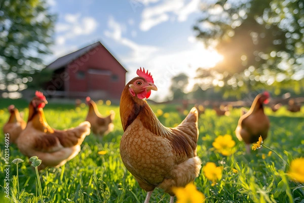 Fototapeta Chickens Roaming in the Yard: Free-range chickens pecking at the ground in a sunny farmyard, with a rustic barn in the background