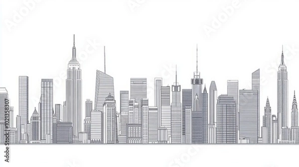 Fototapeta A seamless pattern featuring an outline of the New York City skyline, showcasing modern buildings and iconic landmarks. The vector illustration displays the cityscape in a clean, continuous design