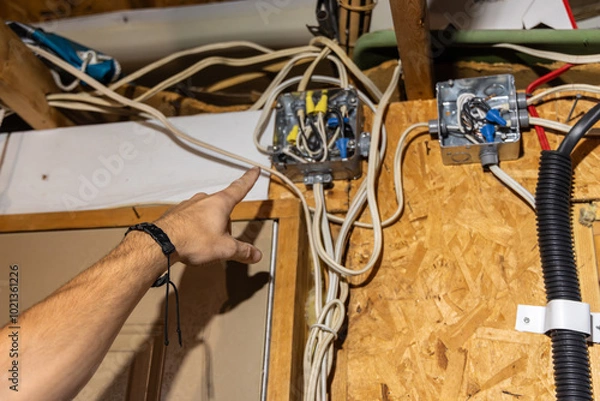 Fototapeta Electrician is pointing at an electrical box with exposed wires during an inspection in an attic. Selective focus