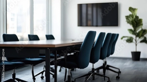 Fototapeta A corporate conference room with a TV ready for a virtual meeting, the space is empty and waiting for participants