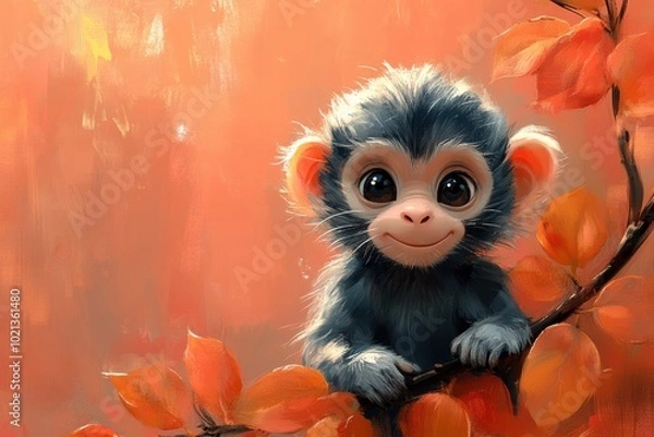 Obraz Cute Monkey with Big Eyes in Autumn Leaves