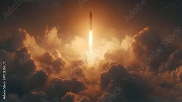 Fototapeta Rocket Launch Through Clouds - 3D Illustration
