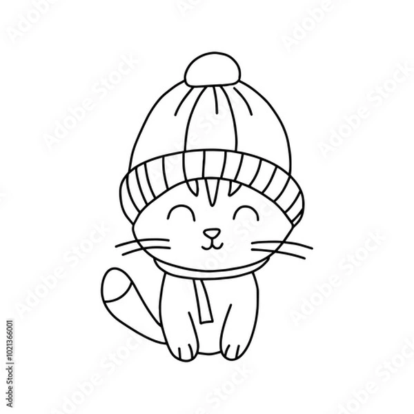 Fototapeta Cat in a winter hat in doodle style. Vector