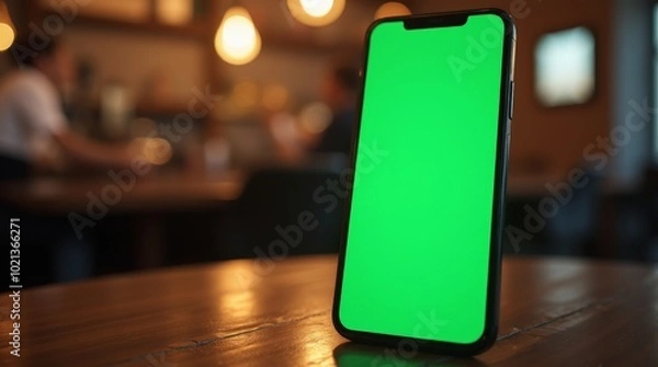 Fototapeta a smartphone with a bright green screen standing upright on a dark wooden table