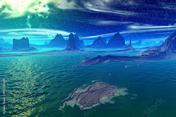 Fototapeta Fantasy alien planet. Rocks and lake