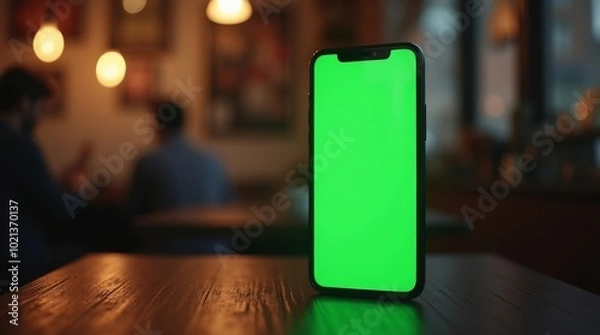 Fototapeta Mobile Phone with Bright Green Screen Standing on Wooden Table