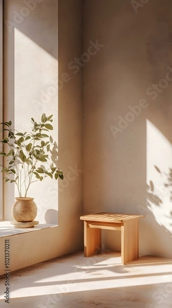 Fototapeta Minimalist Wooden Stool in a Sunny Room with a Plant