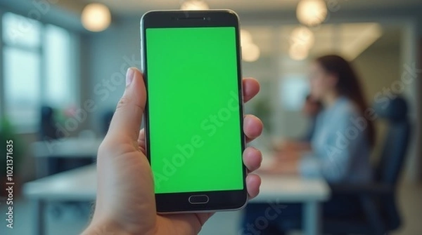 Fototapeta Person's hand showcasing a smartphone with a vivid green screen
