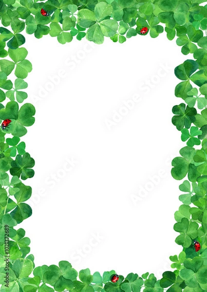 Fototapeta Watercolor hand drawn composition with four leaves clover. Decorative frame for A4 blanc with green clover. Saint Patrick day background. Spring decorative ornate. Design for Irish day celebration. 