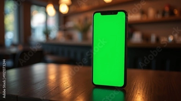 Fototapeta Upright Smartphone Displaying Neon Green Screen on Dark Wood Table