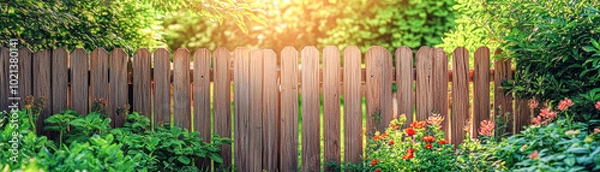 Fototapeta Tranquil Rustic Charm Wooden Fence in a Vibrant Garden Oasis