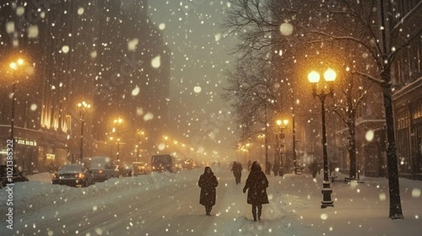 Fototapeta cinematic view of a Moscow street at night with heavy snowfall, people walking in warm clothing under the glowing lanterns, capturing the magic and intensity of winter in the city