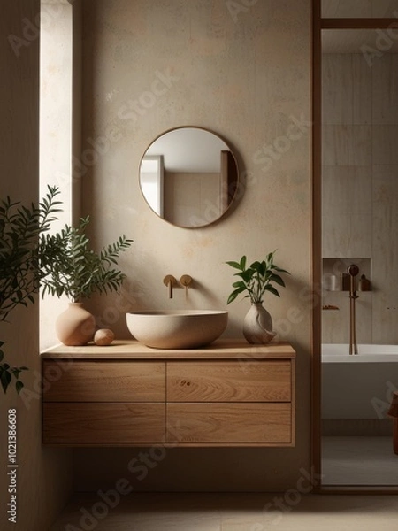 Fototapeta A minimalist bathroom features a wooden vanity with a large round mirror and a single pendant light