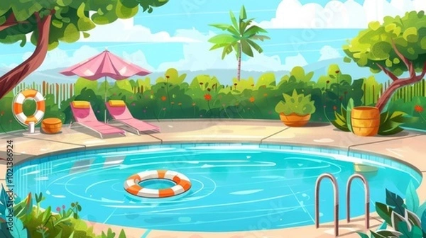 Fototapeta Summer Pool Party Illustration with Palm Tree Pool Floats and Loungers