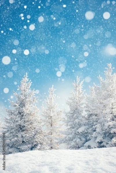 Obraz Snow trees with bokeh lighting in winter on a blurred background