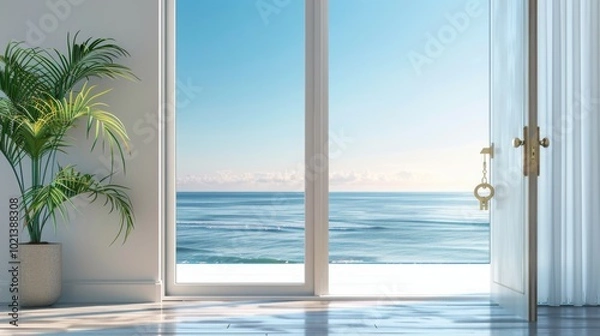 Obraz Open Door to Ocean View with Palm Tree and Key