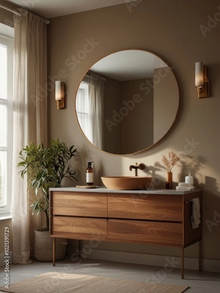 Fototapeta A minimalist bathroom features a wooden vanity with a large round mirror and a single pendant light