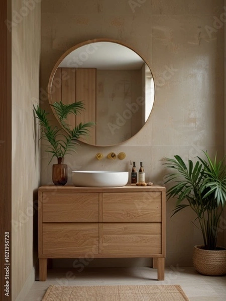 Fototapeta A minimalist bathroom features a wooden vanity with a large round mirror and a single pendant light