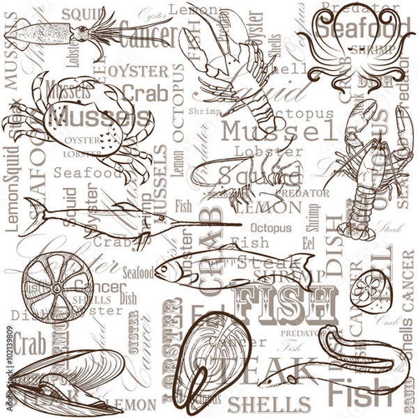 Fototapeta Меню морепродуктов. Морская и речная еда.