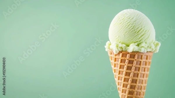 Fototapeta Close-up of lime ice cream in a waffle cone, pastel green background
