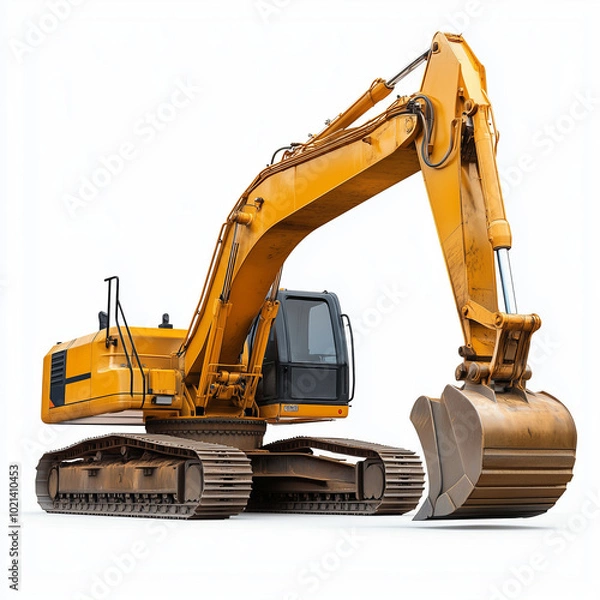 Obraz Yellow Excavator with a Large Bucket on a White Background.